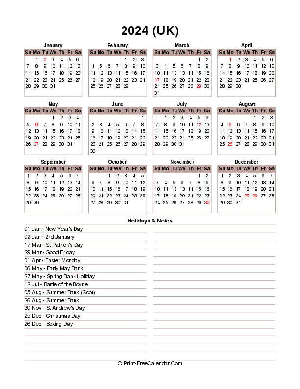 12 month calendar 2024 printable free with uk-bank holidays, week start on sunday, Portrait orientation