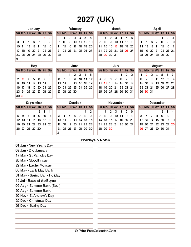 12 month calendar 2027 printable free with uk-bank holidays, week start on sunday, Portrait orientation