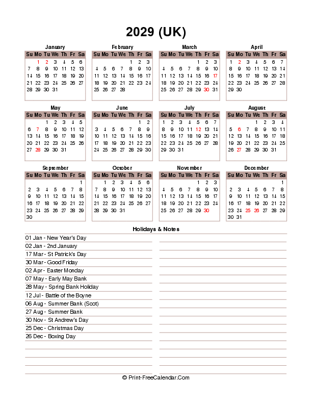 12 month calendar 2029 printable free with uk-bank holidays, week start on sunday, Portrait orientation
