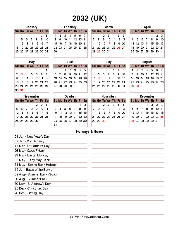 12 month calendar 2032 printable free with uk-bank holidays, week start on sunday, Portrait orientation