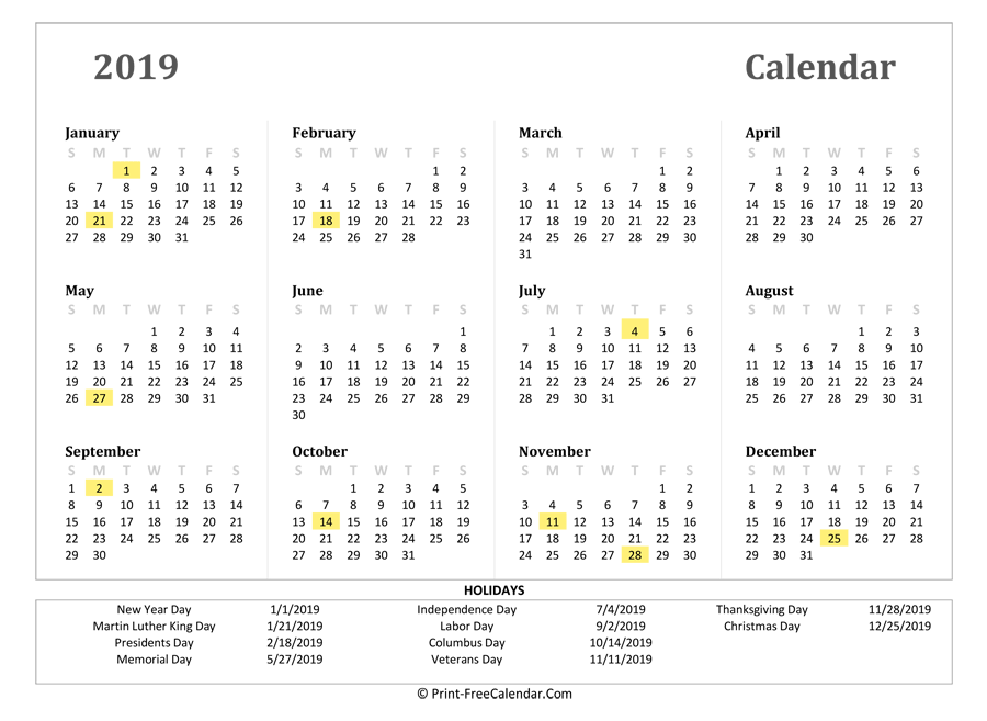 2019 Yearly Calendar Holidays, Landscape Layout