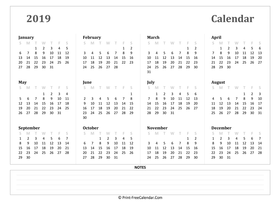 2019 Yearly Calendar Notes, Landscape Layout