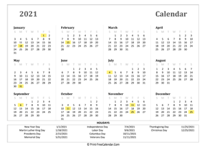 2021 yearly calendar with holidays (landscape)