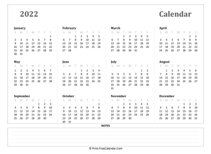 2022 yearly calendar with notes (landscape)