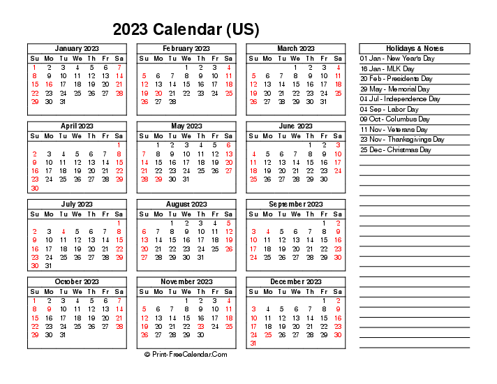 2023 annual calendar printable free with usa holidays, week start on sunday, Landscape orientation