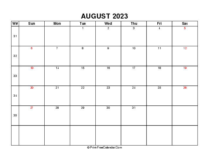 2023 august calendar with week number