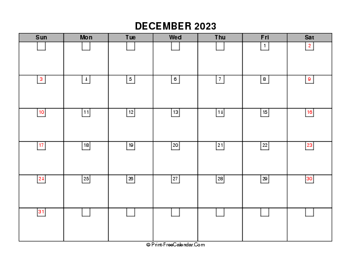 2023 boxy calendar december sunday start landscape
