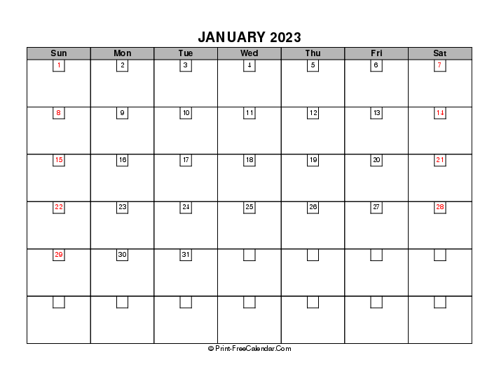2023 Boxy Calendar January Sunday Start, Landscape Layout