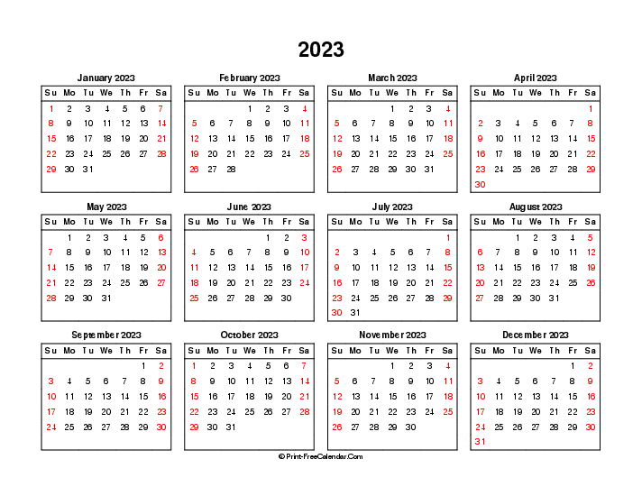 2023 calendar weekends highlighted sunday start landscape