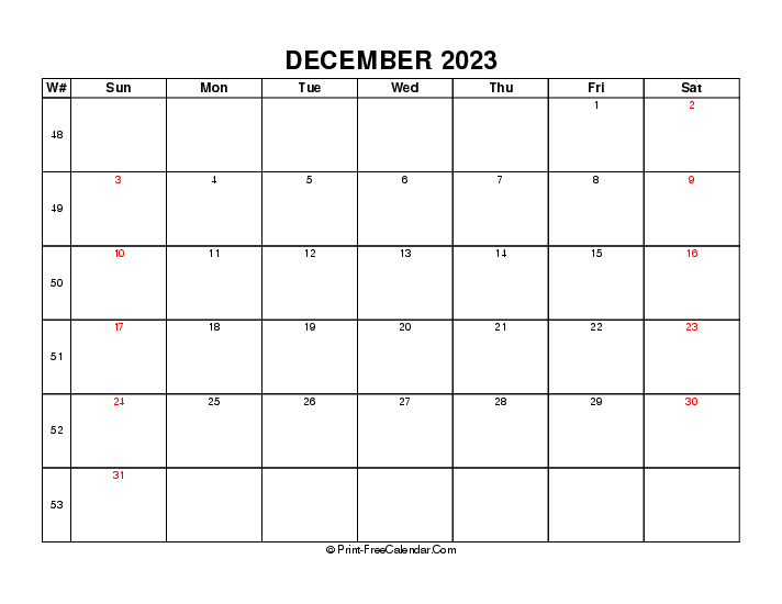 2023 december calendar week number sunday start landscape