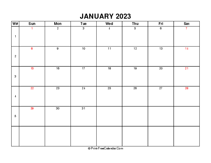 2023 january calendar week number sunday start landscape