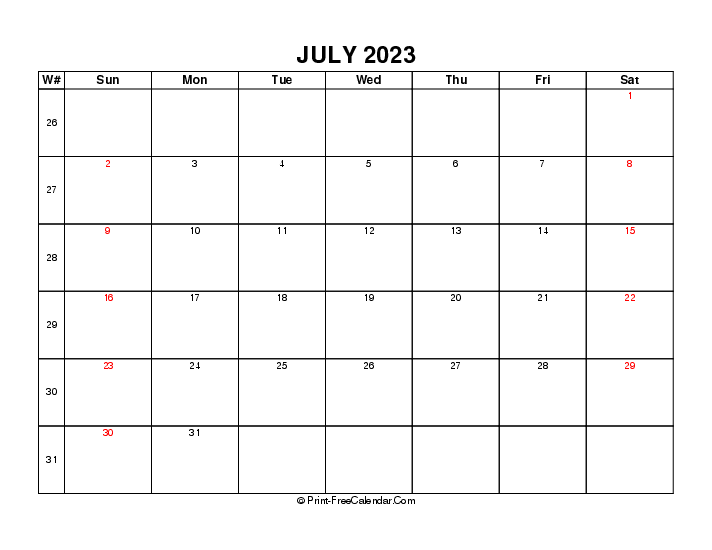 2023 july calendar week number sunday start landscape