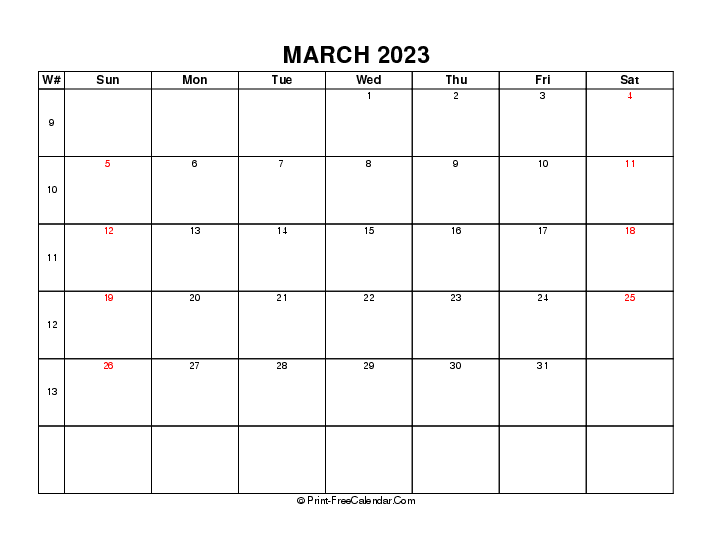 2023 March Calendar Week Number Sunday Start, Landscape Layout