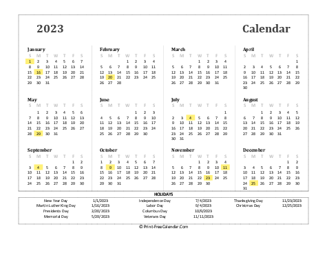 2023 yearly calendar holidays landscape