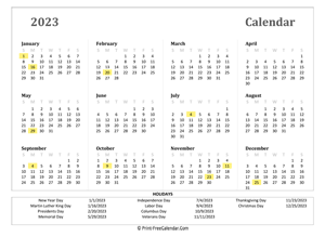 2023 calendar printable