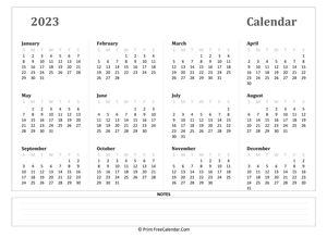 2023 calendar with notes