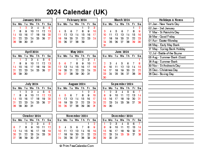 2024 annual calendar printable free with uk-bank holidays, week start on sunday, Landscape orientation
