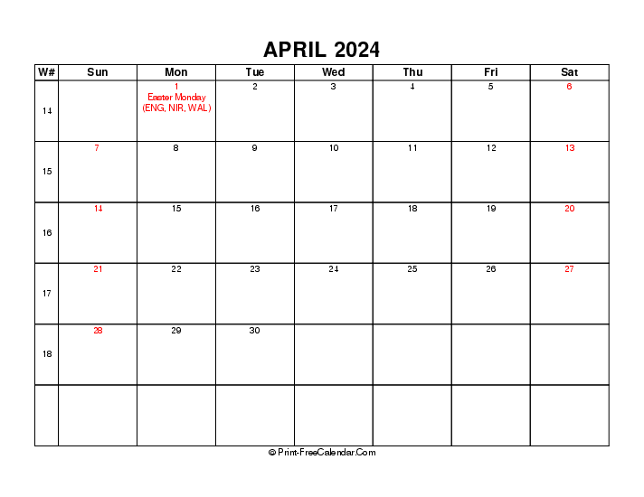 2024 april calendar with week number, uk-bank holidays, week start on sunday, Landscape orientation