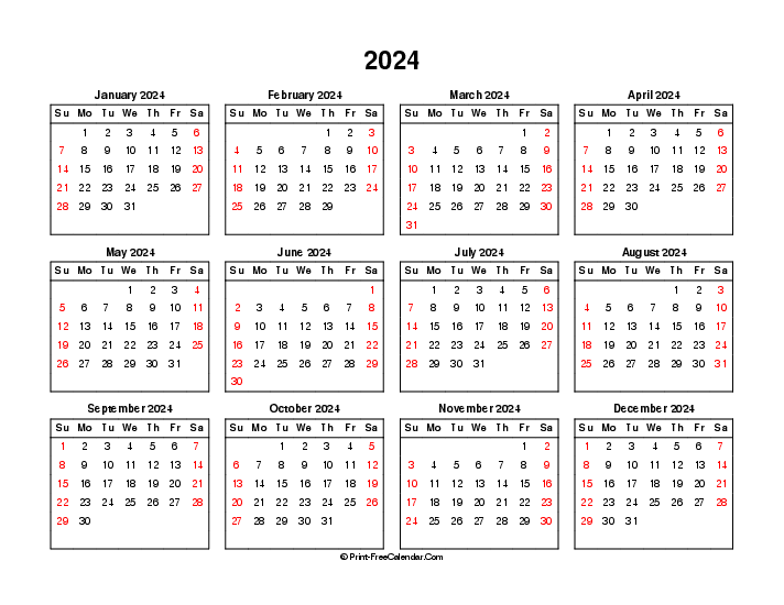 2024 calendar weekends highlighted sunday start landscape