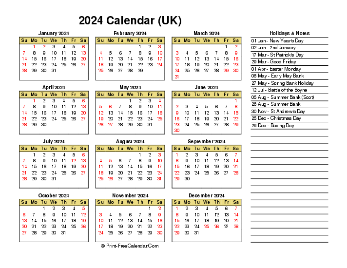 2024 calendar with uk-bank holidays, week start on sunday, Landscape orientation
