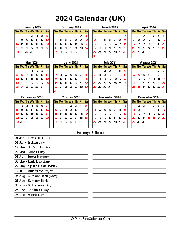2024 calendar with uk-bank holidays, week start on sunday, Portrait orientation