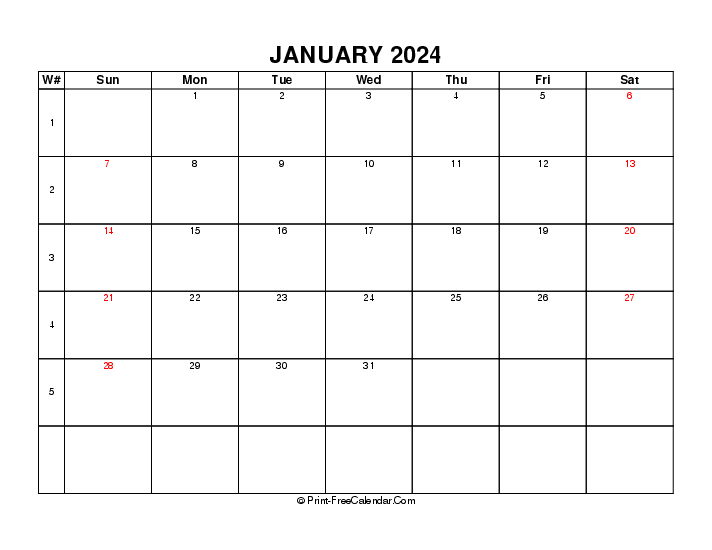 2024 january calendar week number sunday start landscape