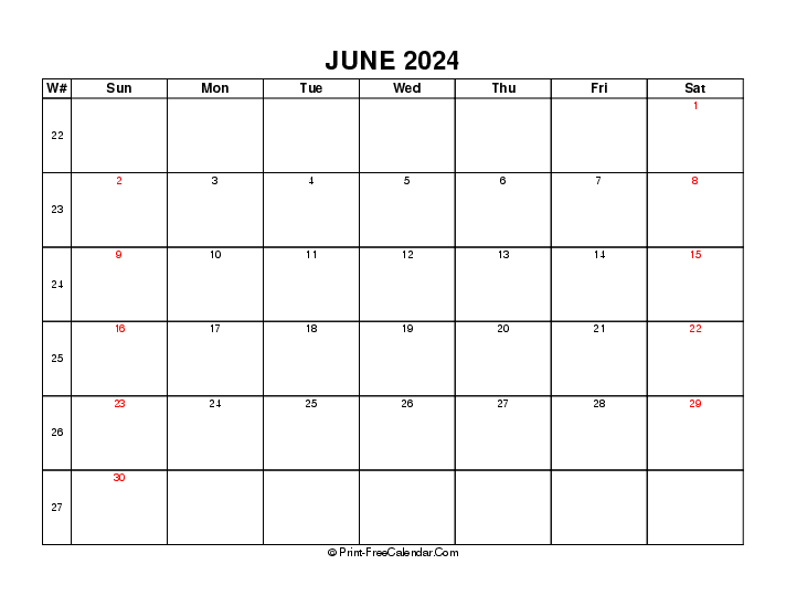 2024 june calendar with week number, uk-bank holidays, week start on sunday, Landscape orientation