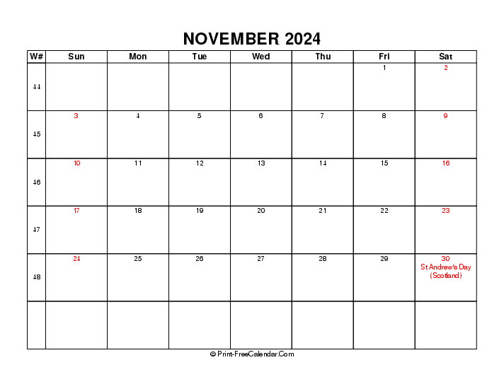 2024 november calendar with week number, uk-bank holidays, week start on sunday, Landscape orientation