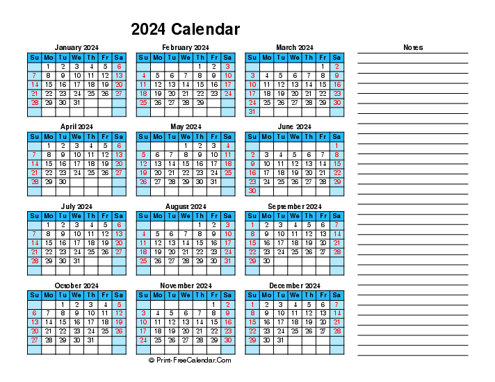 2024 printable calendar right notes sunday start landscape
