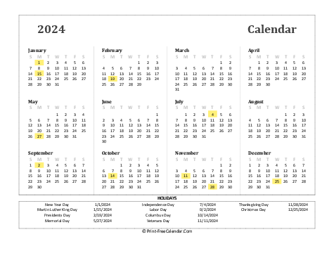 2024 yearly calendar holidays landscape