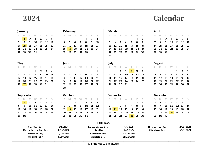 2024 Yearly Calendar Holidays, Landscape Layout