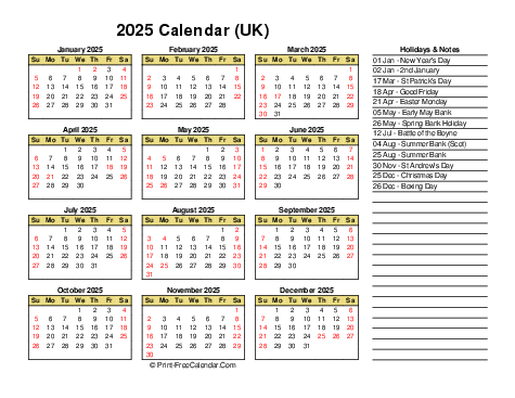 2025 UK Calendars