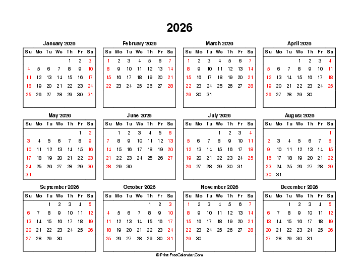 2026 calendar weekends highlighted sunday start landscape
