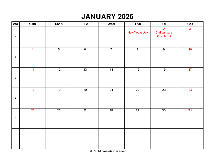 2026 january calendar with week number, uk-bank holidays, week start on sunday, Landscape orientation