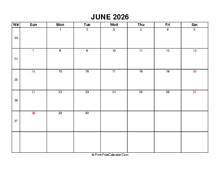 2026 june calendar with week number, uk-bank holidays, week start on sunday, Landscape orientation
