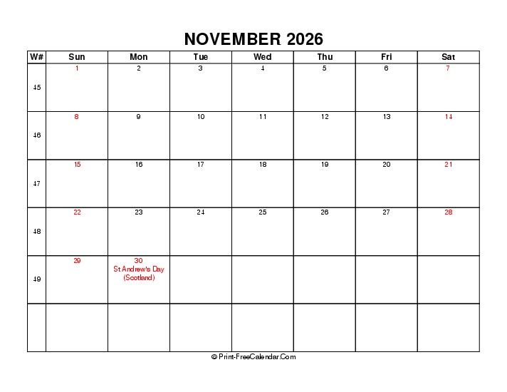 2026 november calendar with week number, uk-bank holidays, week start on sunday, Landscape orientation
