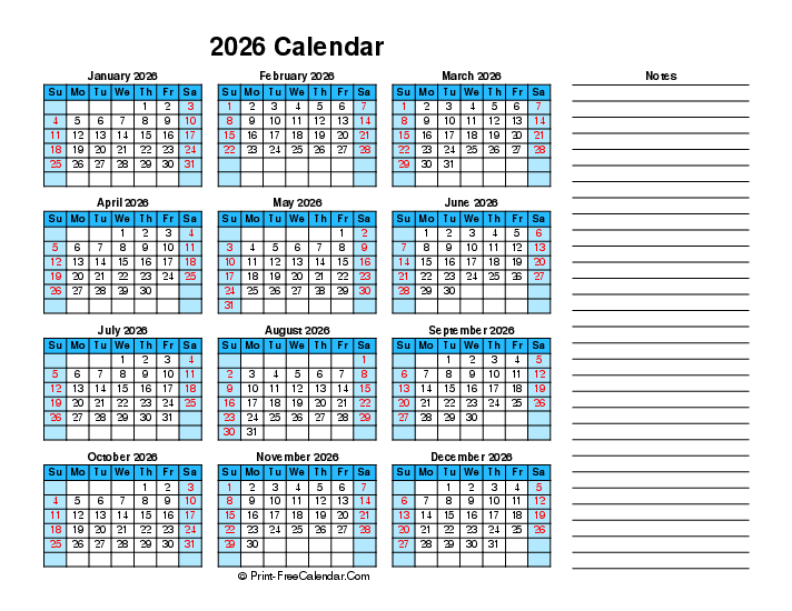 2026 printable calendar right notes sunday start landscape