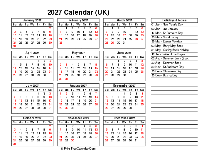 2027 annual calendar printable free with uk-bank holidays, week start on sunday, Landscape orientation