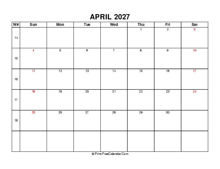 2027 april calendar with week number, uk-bank holidays, week start on sunday, Landscape orientation
