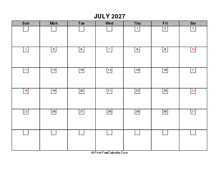 2027 boxy calendar july sunday start landscape