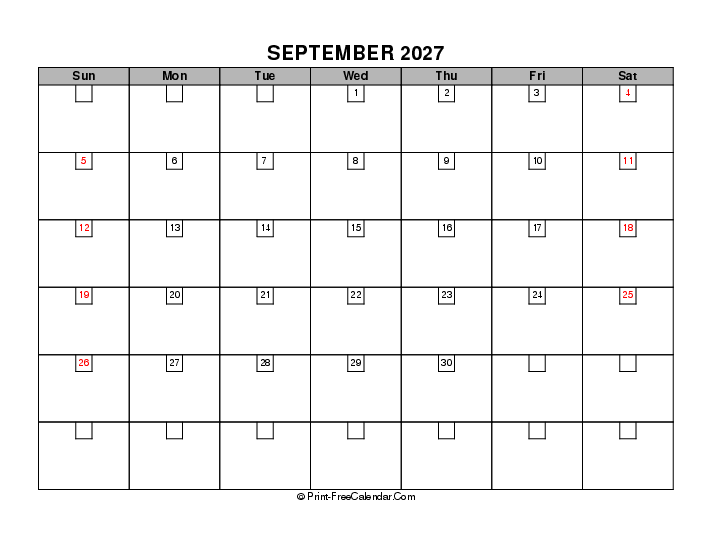 2027 boxy calendar september sunday start landscape