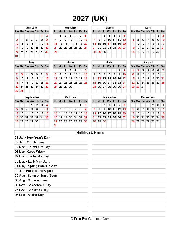 2027 Calendar One Page Printable Free With Uk Bank Holidays Sunday Start, Portrait Layout