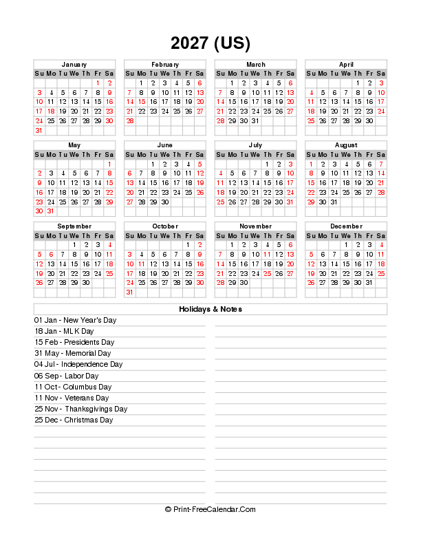 2027 USA Calendars With Holidays In PDF WORD EXCEL
