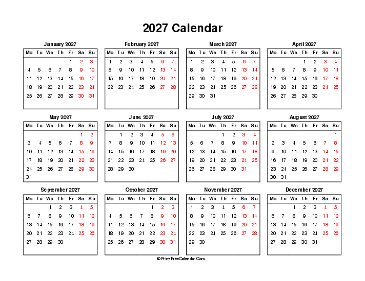 2027 calendar weekends highlighted landscape monday start