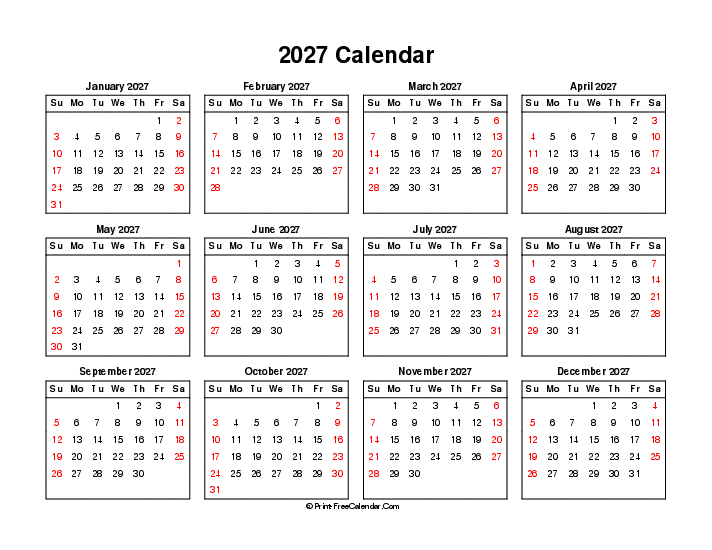 2027 calendar weekends highlighted sunday start landscape