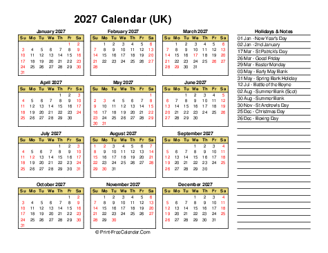 2027 UK Calendars