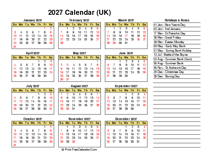 2027 calendar with uk-bank holidays, week start on sunday, Landscape orientation