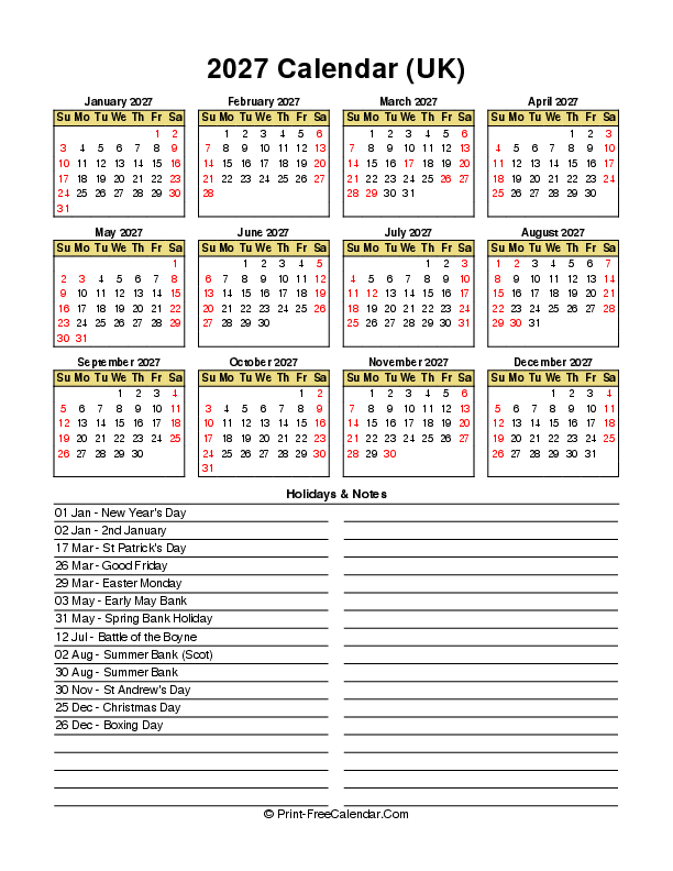 2027 calendar with uk-bank holidays, week start on sunday, Portrait orientation