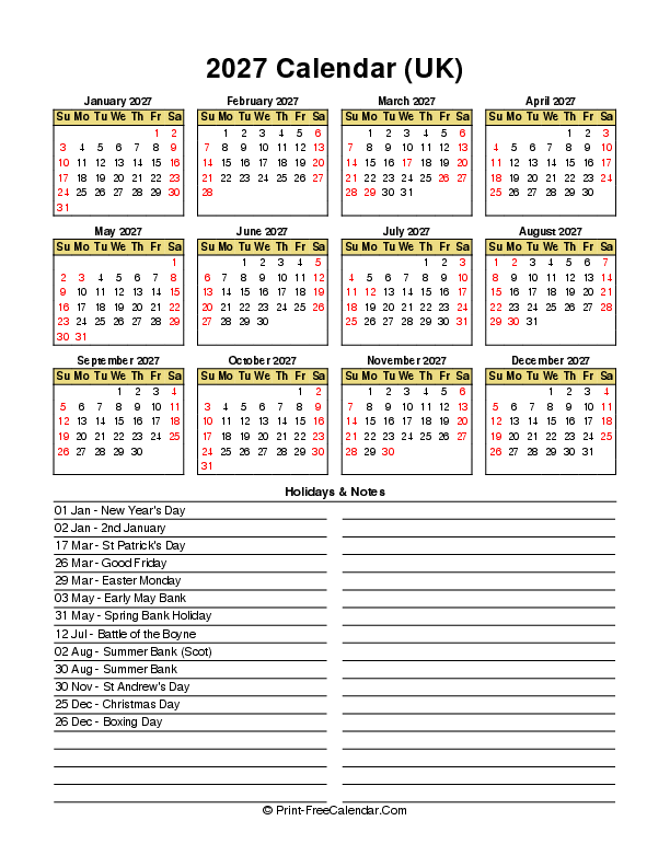 Download 2027 Calendar With Uk Bank Holidays Sunday Start PDF Word 