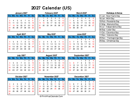 2027 USA Calendars